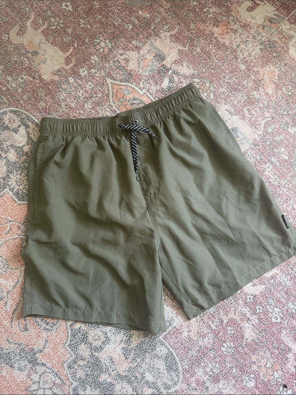 Men's Olive Swim Trunks with Stripe Drawstring